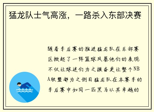 猛龙队士气高涨，一路杀入东部决赛
